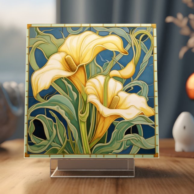 Azulejo Cala Lily (A ceramic tile showing two Cala Lillies is shown in a display stand)
