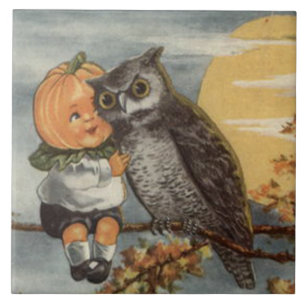 Azulejo Calabaza Cabeza de Búho Luna Llena Árbol Calabaza