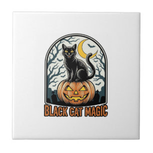 Azulejo Calabaza de Gato Negro Grabado Vintage de Hallowee
