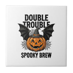 Azulejo Calabaza de Halloween Bruja Doble Problema Diseño 
