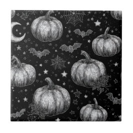 Azulejo Calabaza de Halloween en blanco y negro, murciélag