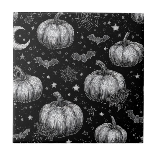 Azulejo Calabaza de Halloween en blanco y negro, murciélag (Frente)