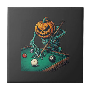 Azulejo Calabaza de Halloween Esqueleto Jugando Billar Pis