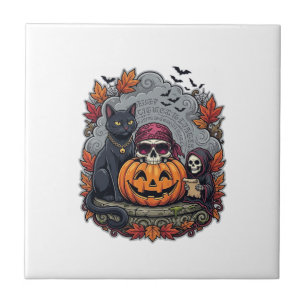 Azulejo Calabaza de Halloween Gato Cráneo Segador Otoño Ho
