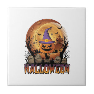 Azulejo Calabaza de Halloween Sombrero de Bruja Gato Negro