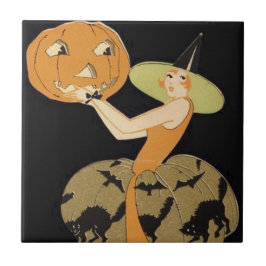 Azulejo Calabaza de Jack O Lantern Bruja Art Deco Gato Neg