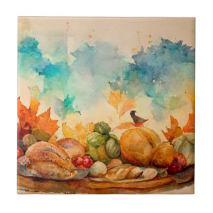 Azulejo Calabaza de Otoño de Acuarela Vintage Naranja Rúst