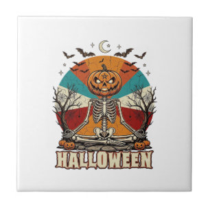 Azulejo Calabaza Esqueleto Meditando Halloween Retro Sol B