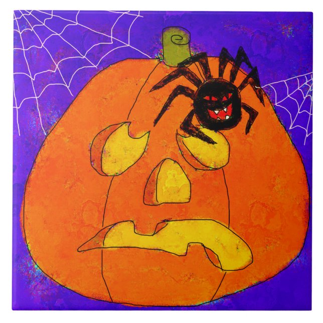 Azulejo Calabaza y araña Resumen Arte de Halloween (Frente)