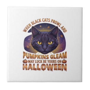 Azulejo Calabazas Brillan Halloween Gato Negro Hojas Caída