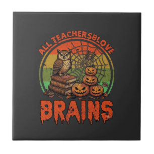 Azulejo Calabazas de Halloween de Búhos Cerebros Aman Todo
