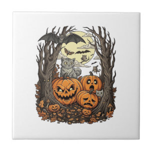 Azulejo Calabazas de Halloween Gato Gris Murciélago Luna L