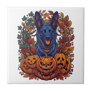 Azulejo Calabazas de Halloween Pitbull Azul Hojas de Otoño