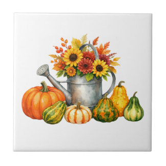 Azulejo Calabazas de otoño y regadera al acuarela