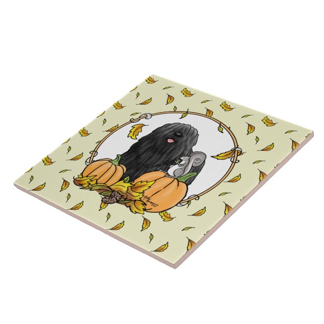 Azulejo Calabazas de perro de Puli de otoño (negras) dejan (Lado)