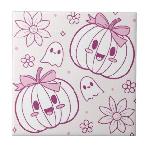 Azulejo Calabazas, fantasmas y flores de Kawaii