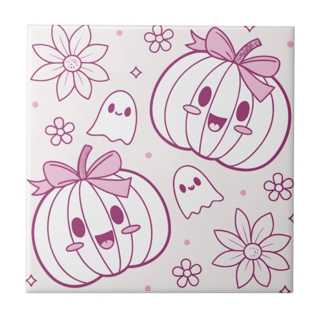 Azulejo Calabazas, fantasmas y flores de Kawaii (Frente)