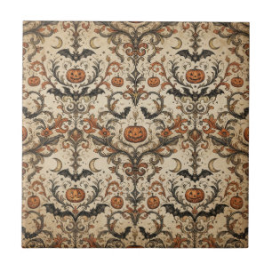Azulejo Calabazas góticas y murciélagos sepia antiguos baj