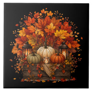 Azulejo Calabazas Hojas Árboles Otoño Temporada Invernal
