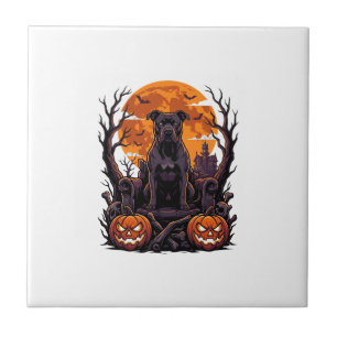 Azulejo Calabazas Trono Pitbull Negro Halloween Luna Llena