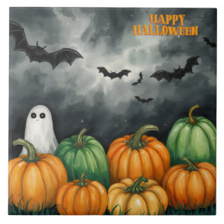 Azulejo Calabazas y fantasmas de Halloween en acuarela