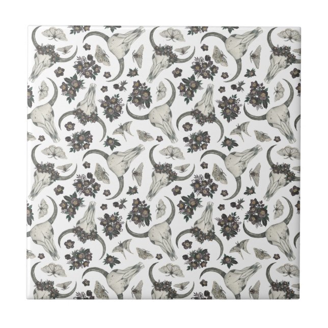 Azulejo Calavera animal gótica con patrón de flores (Frente)