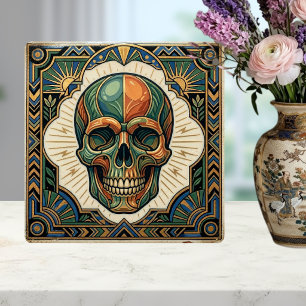 Azulejo Calavera Art Deco Esmeralda Verde Naranja Dorado C