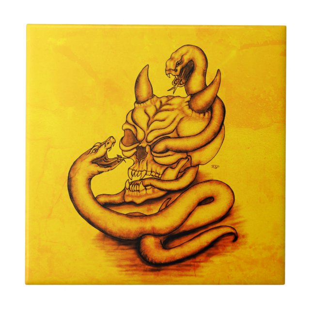 Azulejo Calavera - Cabeza malvada con serpiente (Frente)