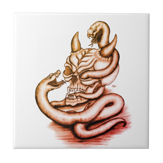 Azulejo Calavera - Cabeza malvada con serpiente (Frente)