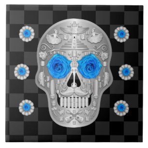 Azulejo Calavera cromada (Rosa azul) Tile cerámico