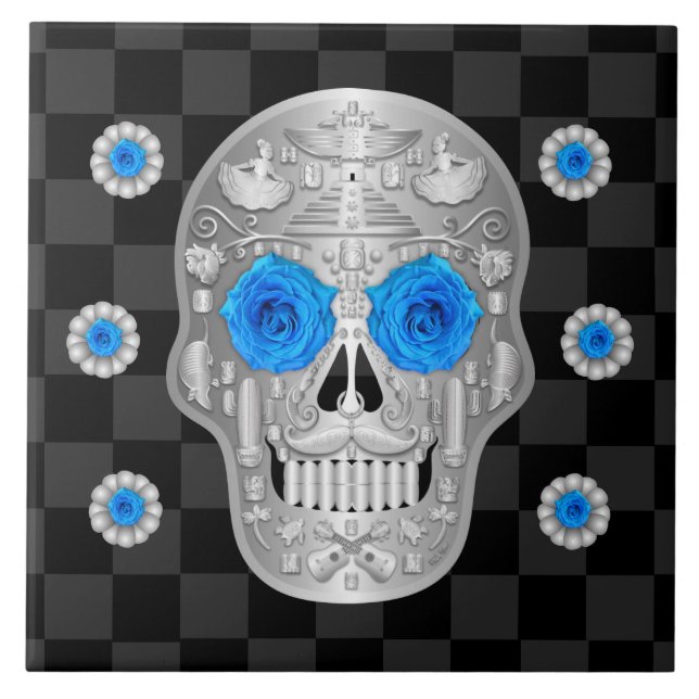 Azulejo Calavera cromada (Rosa azul) Tile cerámico (Frente)