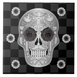 Azulejo Calavera cromada (Rosa negro) Tile cerámico