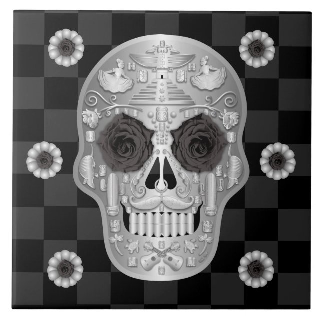 Azulejo Calavera cromada (Rosa negro) Tile cerámico (Frente)