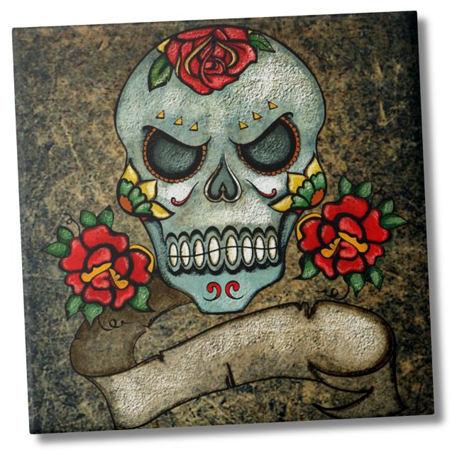 Azulejo Calavera de azúcar de flores (Dia De Los Muertos Rose Sugar Skull Ceramic Tile)