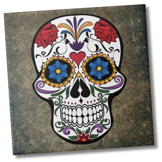 Azulejo Calavera de azúcar de flores (Dia De Los Muertos Red Roses Sugar Skull Ceramic Tile)