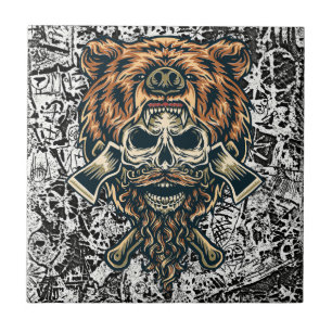 Azulejo Calavera de leñador con Gorra de oso - Retro negri