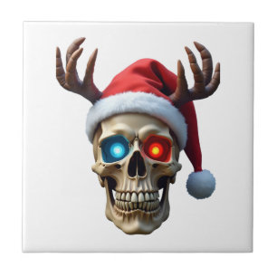 Azulejo Calavera de Navidad con sombrero de Santa y cuerno