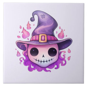 Azulejo Calavera en sombrero de bruja caprichosa