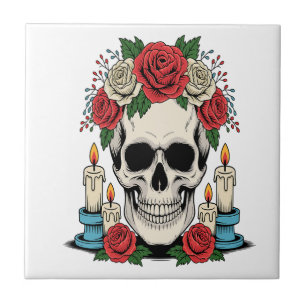 Azulejo Calavera floral con velas Halloween