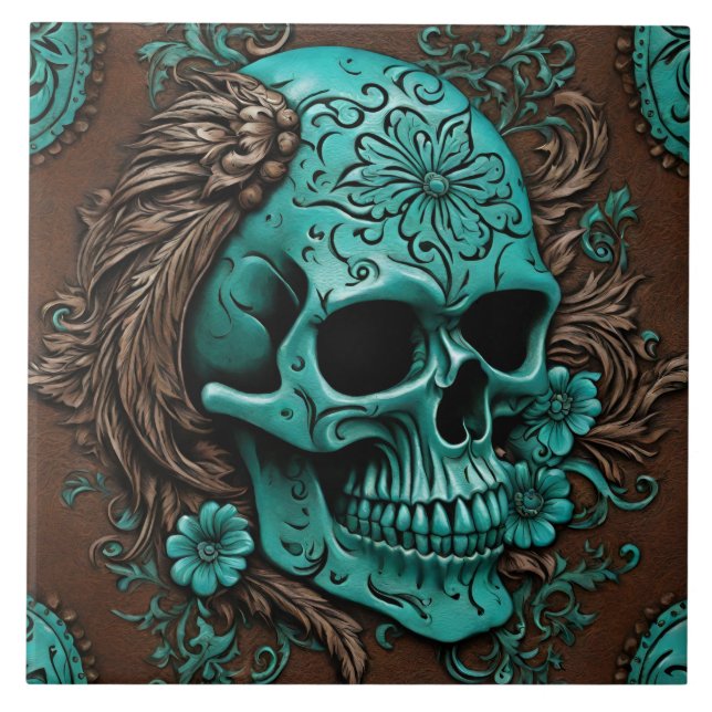 Azulejo Calavera floral del sur de Turquoise (Frente)