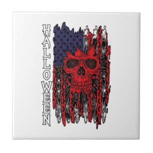 Azulejo Calavera Roja de Halloween Bandera Americana Telar