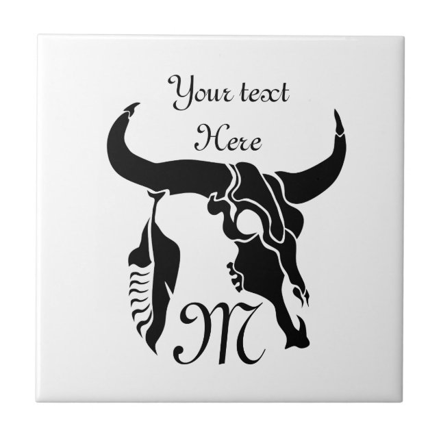 Azulejo Calavera tribal de toro de Longhorn con piel negra (Frente)