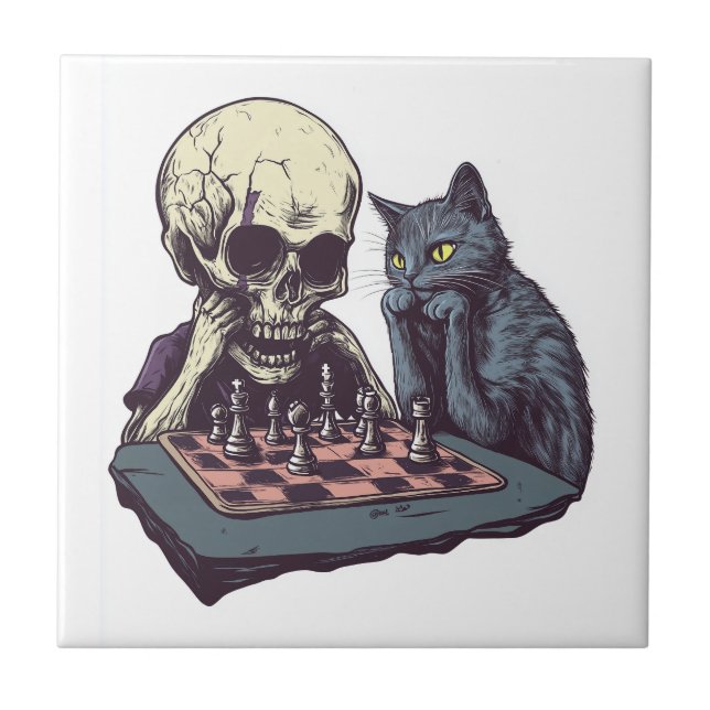 Azulejo Calavera vs Gato � Divertida Batalla de Ajedrez (Frente)