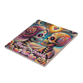Azulejo Calaveras de Azúcar Enamoradas Personalizadas en P