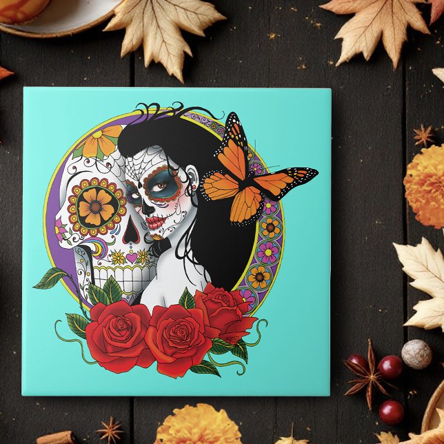 Azulejo Calaveras Elegantes de Azúcar Monarca Rosas Rojas  (Subido por el creador)
