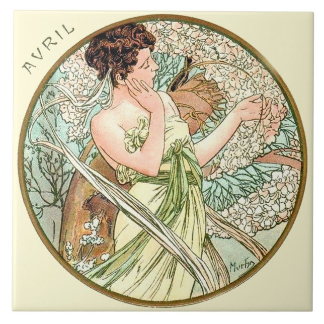 Azulejo Calendario abril de Nouveau Mucha del arte (Frente)