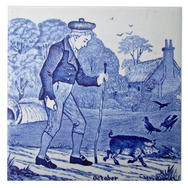 Azulejo Calendario Azul Repro 1879 Wedgwood Serie Octubre (Frente)