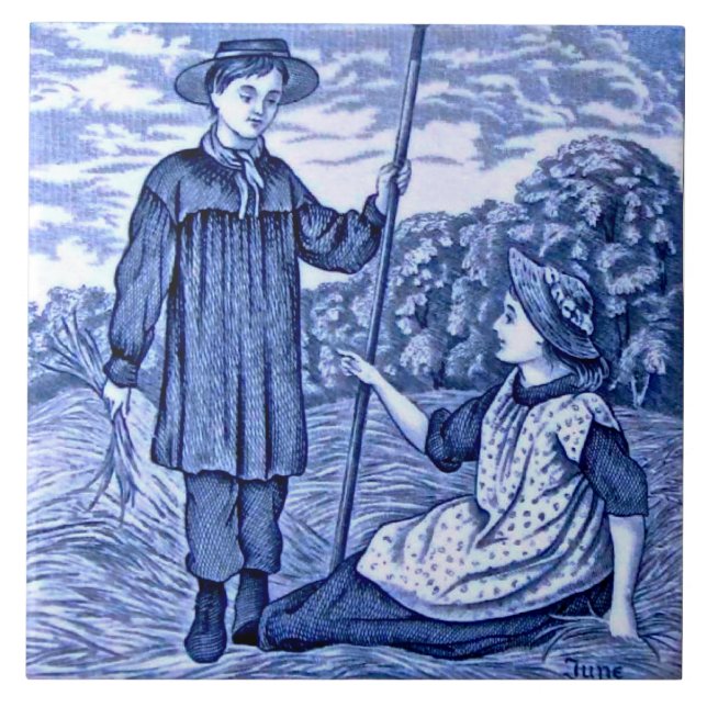 Azulejo Calendario Azul Repro Boda Antigua Serie Junio (Frente)