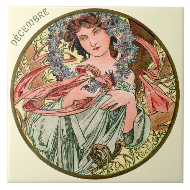 Azulejo Calendario diciembre de Nouveau Mucha del arte (Frente)