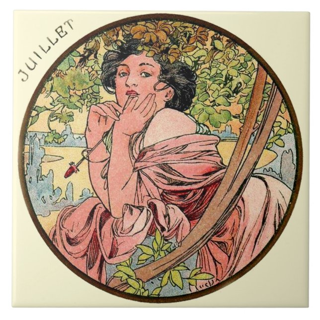 Azulejo Calendario julio de Nouveau Mucha del arte (Frente)
